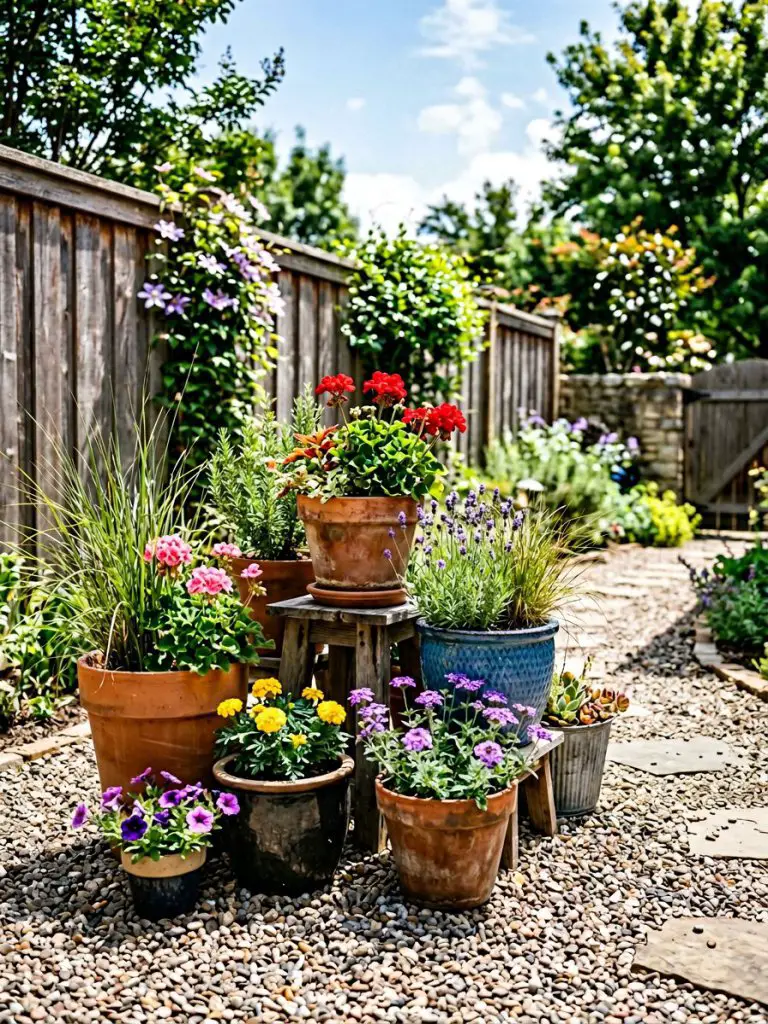 A flexible garden layout using tiered potted plants arranged in clusters of three at varying heights.