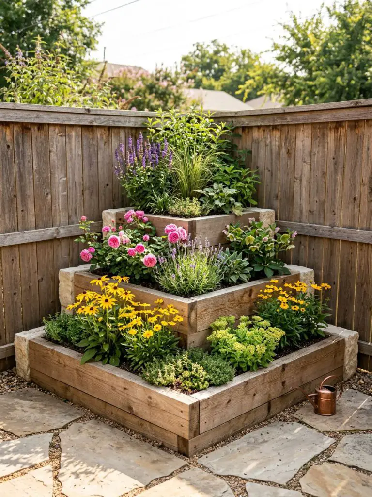 A small triangular backyard garden with three clear edges showcasing tiered corner planters that step down in height from the tallest point.