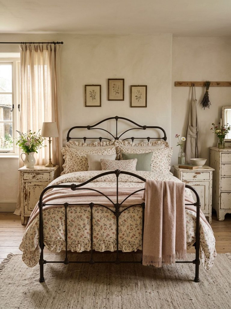 Design a timeless vintage cottage style bedroom with distressed white furniture and a delicate iron bed frame dressed in ditsy floral linens.