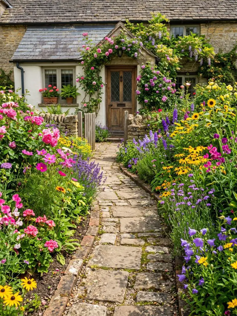 A tiny front garden bursting with colorful floral borders surrounding a paved path, styled in warm minimalist and rustic charm.
