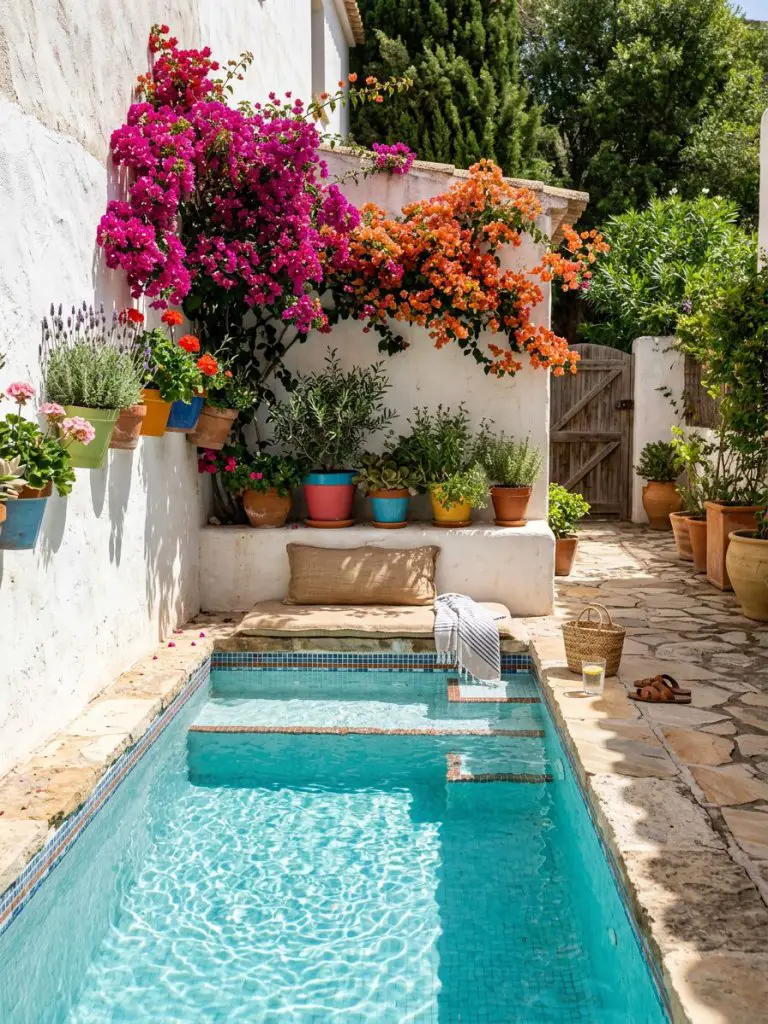 A tiny pool idea designed for a narrow backyard, featuring a built-in bench and colorful planters.