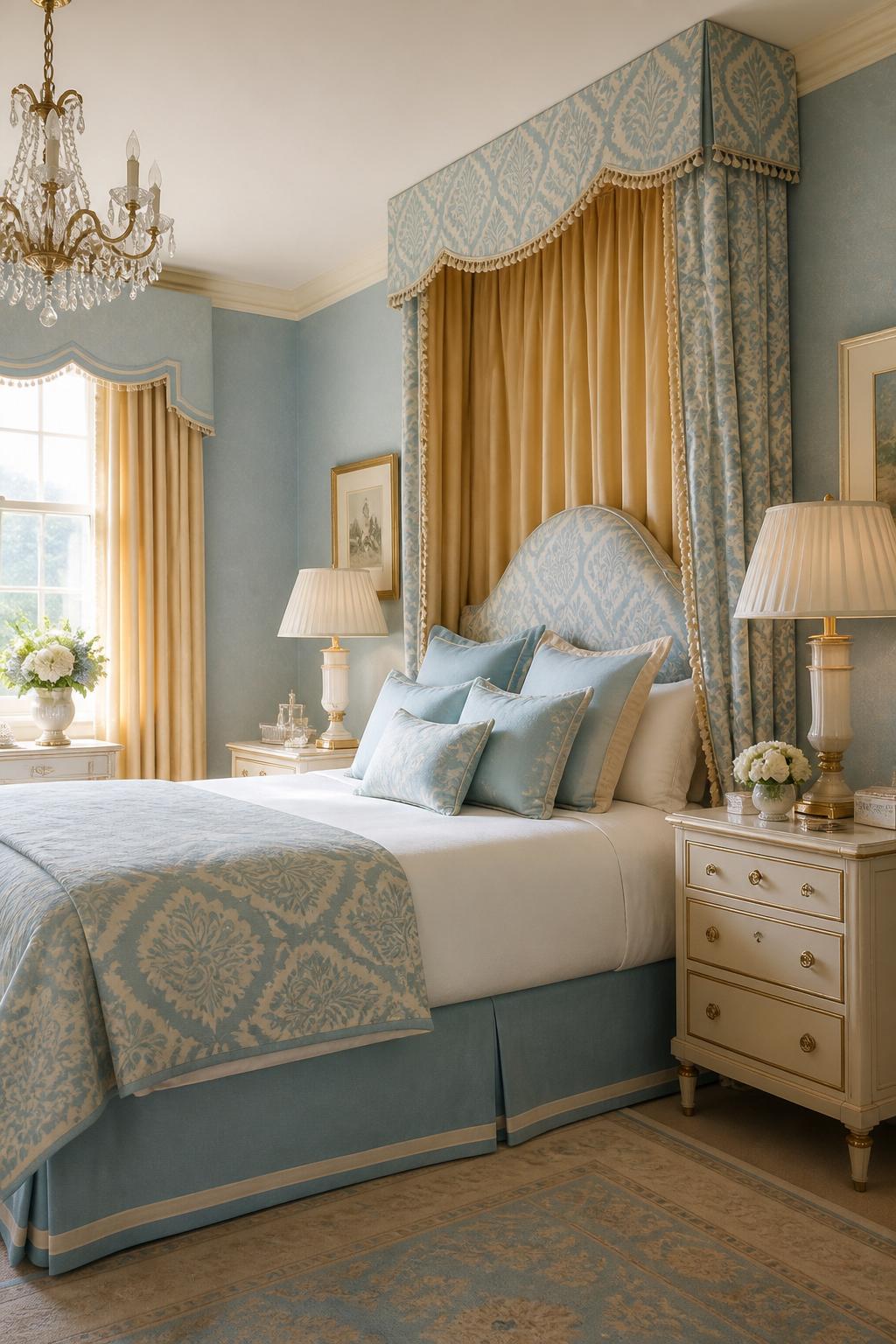 A traditional blue and white bedroom featuring a dramatic canopy bed draped in luxurious aqua patterned fabric, with golden yellow curtains.