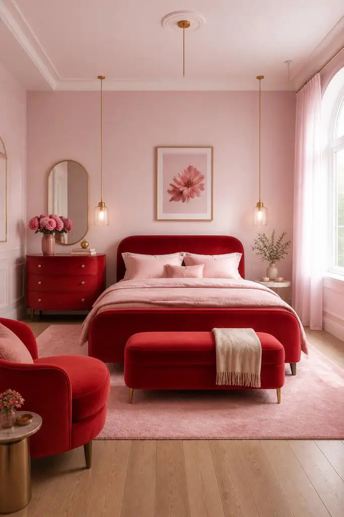 Style a transitional bedroom using powder pink walls and substantial red velvet furniture—bed frame, bench, and armchair—for contrast.