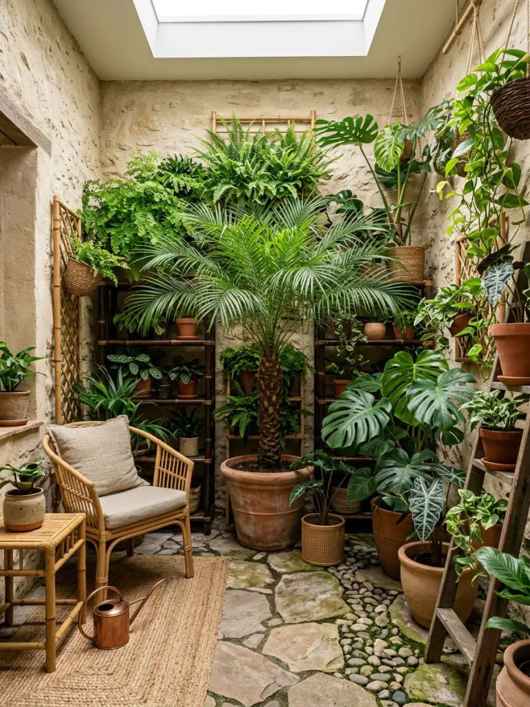 A tropical courtyard garden designed for a small enclosed space, featuring layered greenery in a modern rustic style.