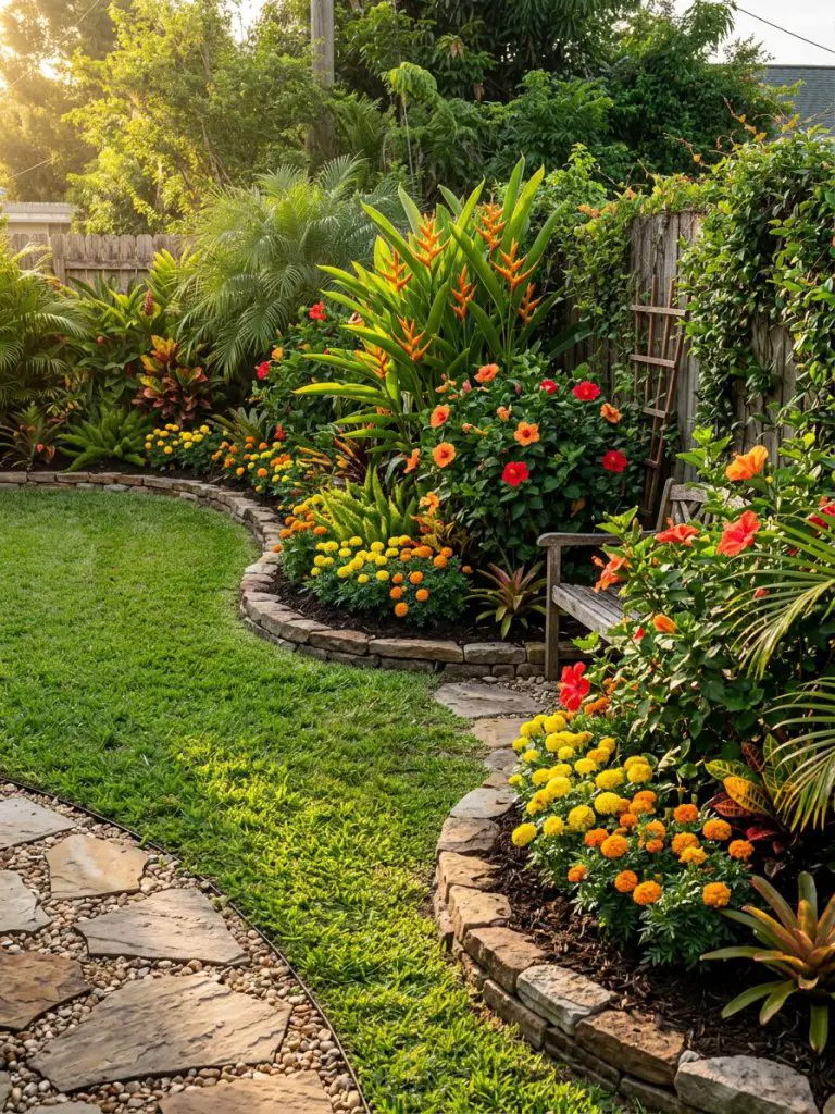 A tropical landscaping design for a small backyard with lush border planting and colorful flowers.