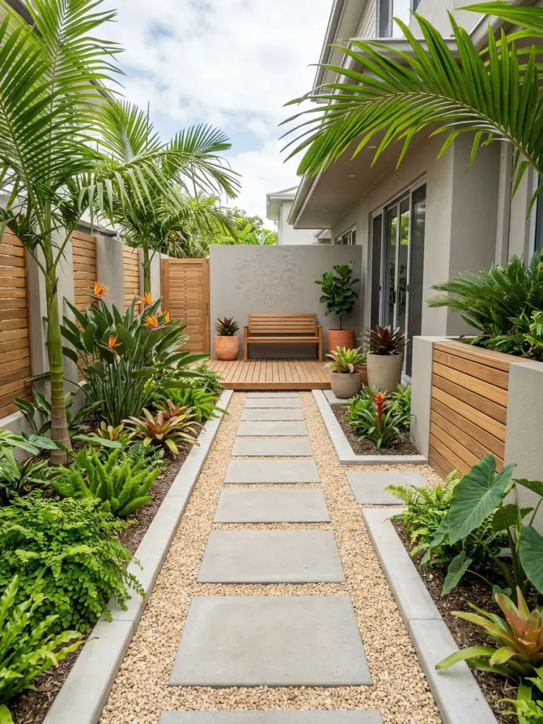 A small tropical garden designed with clean lines and efficient layout for compact spaces, blending modern tropical and warm minimalist styl.
