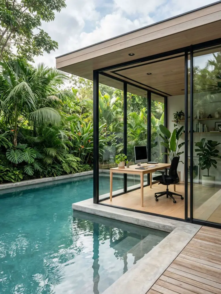 A tropical-inspired glass garden office positioned beside a serene pool, designed in modern minimalist style.