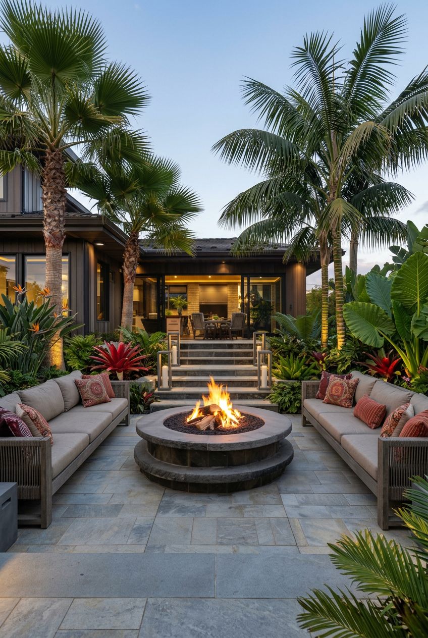 A tropical-inspired entertaining space features a generous round concrete fire pit at the center of a spacious patio, flanked by comfortable.