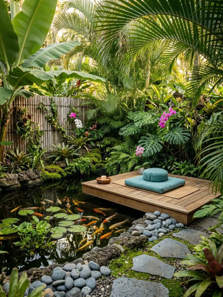 Create a lush tropical meditation garden designed as a hidden backyard retreat filled with oversized banana leaves, fan palms, orchids, and.