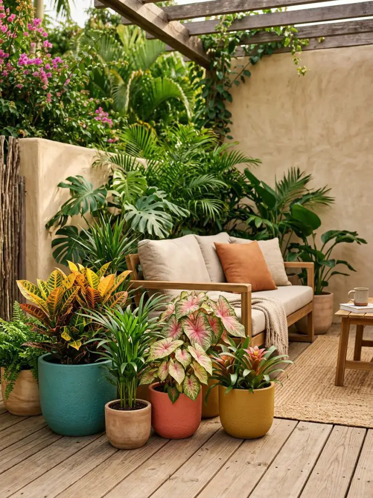 A tropical patio designed in a warm minimalist and modern rustic style, featuring colorful planter arrangements as the main visual focus.