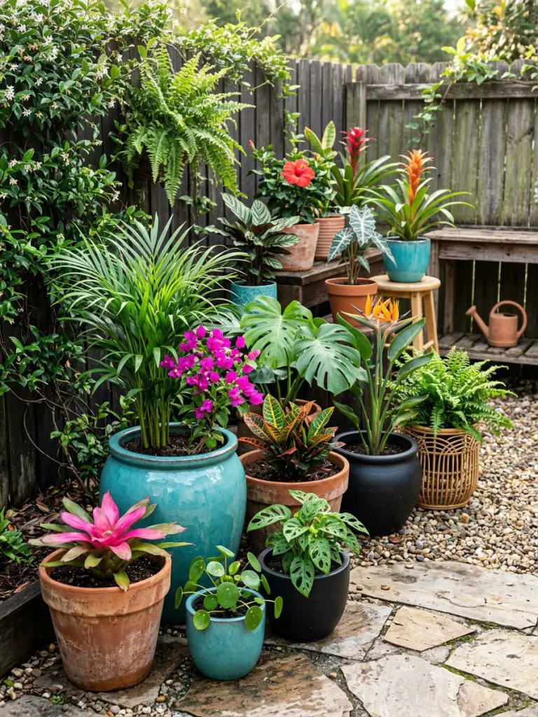 A collection of tropical planter ideas arranged in a small backyard corner, featuring bold color contrasts and varied plant heights.