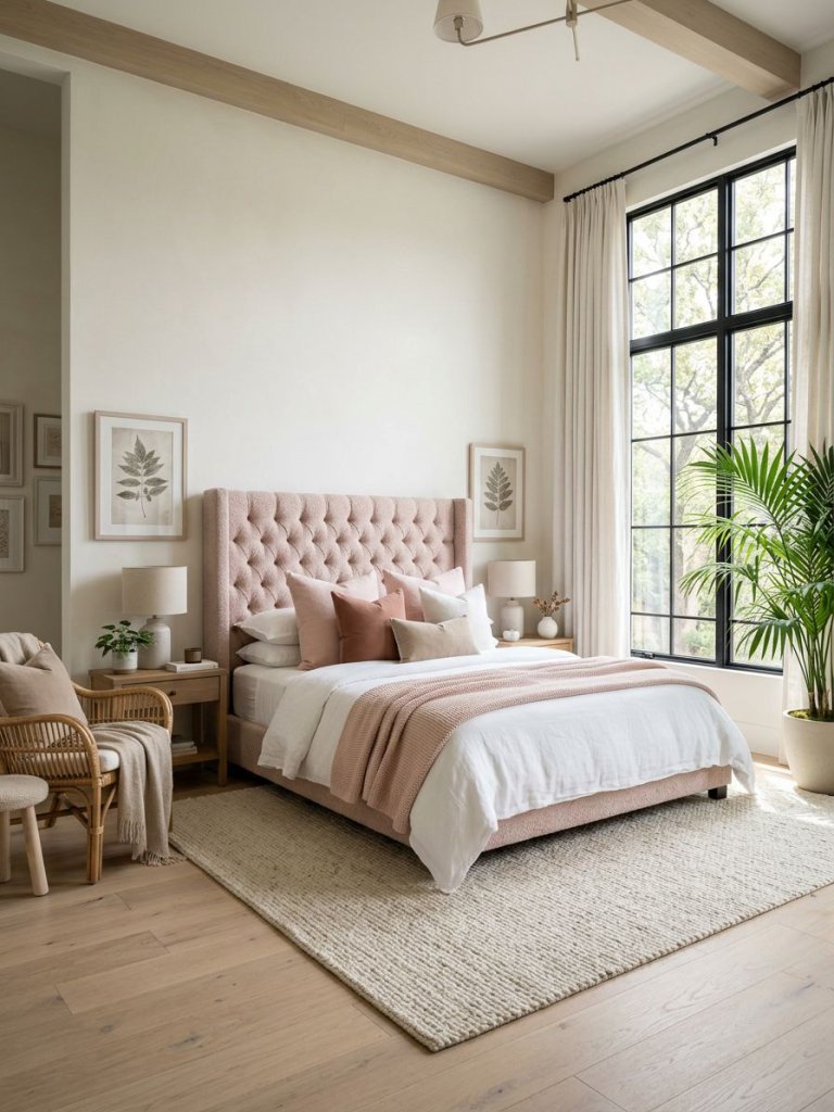 An airy tufted pink and white bedroom designed with a blend of contemporary elegance and Warm Minimalist styling featuring a plush tufted he.