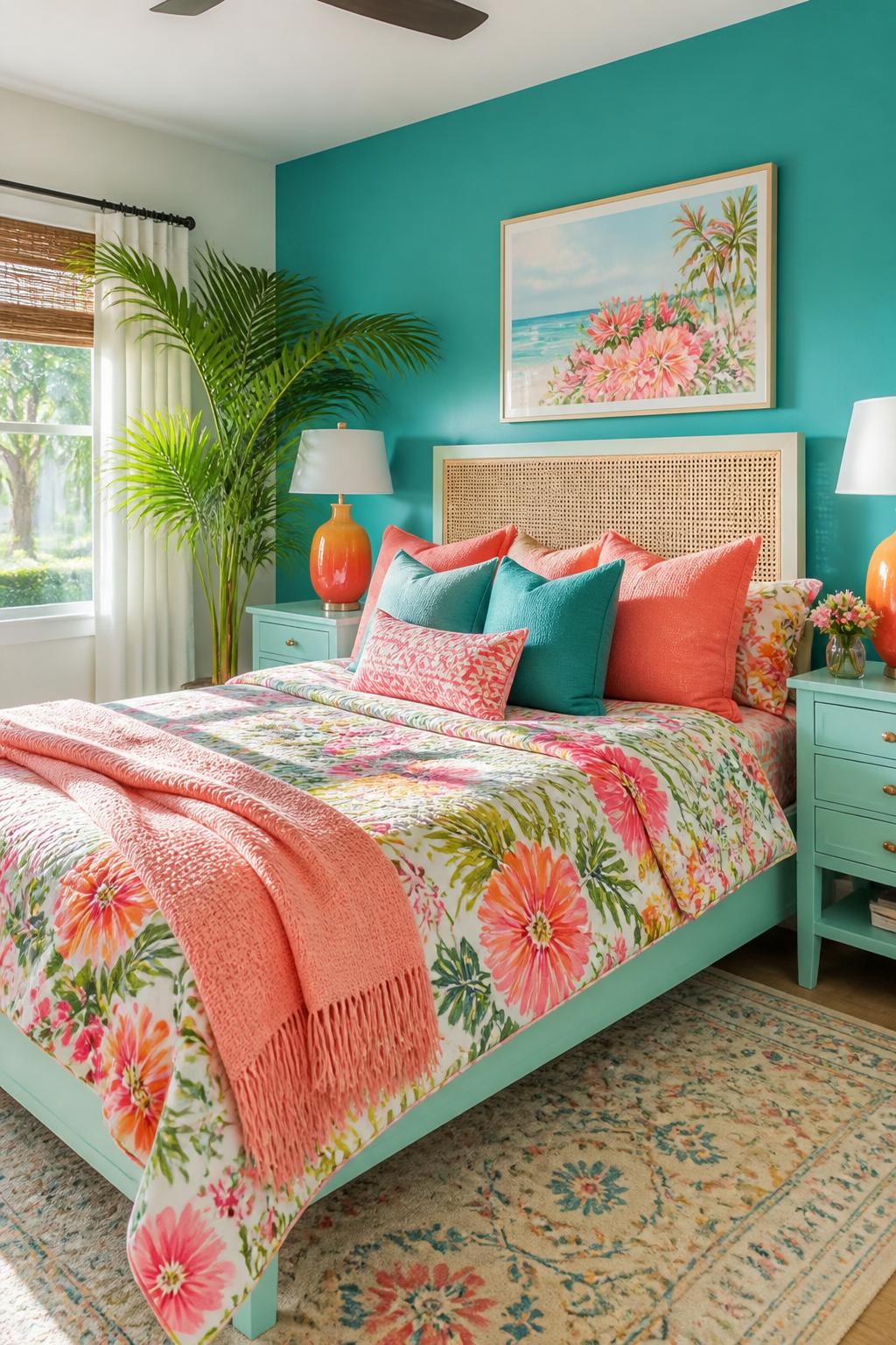 An airy bedroom where a turquoise feature wall anchors the space, complemented by a pastel aqua bed frame layered with brightly colored flor.