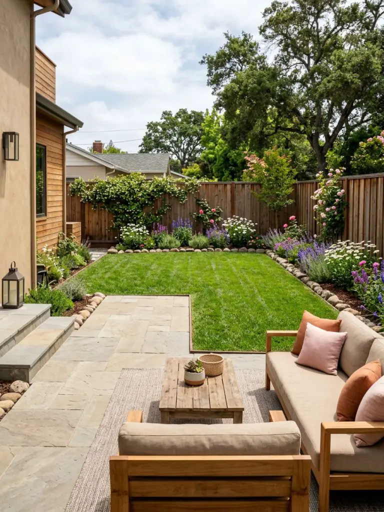 A small rectangular backyard divided cleanly into two equal zones in a warm minimalist and modern rustic style.