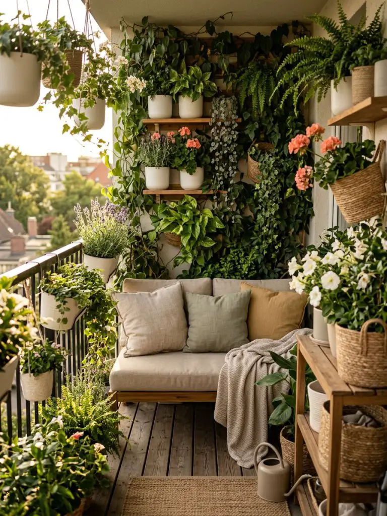 A compact balcony transformed into a lush vertical garden using Warm Minimalist and Modern Rustic styling.