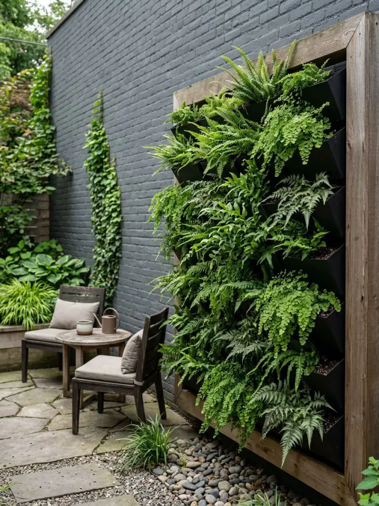 A small backyard garden featuring a vertical fern wall installation in a Warm Minimalist + Modern Rustic aesthetic.