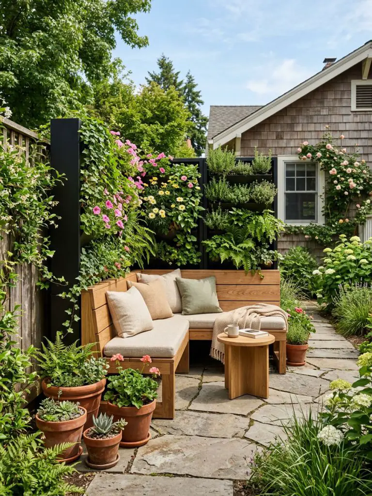 A charming small backyard garden in a United States home featuring integrated planter seating that combines lush vertical greenery with buil.