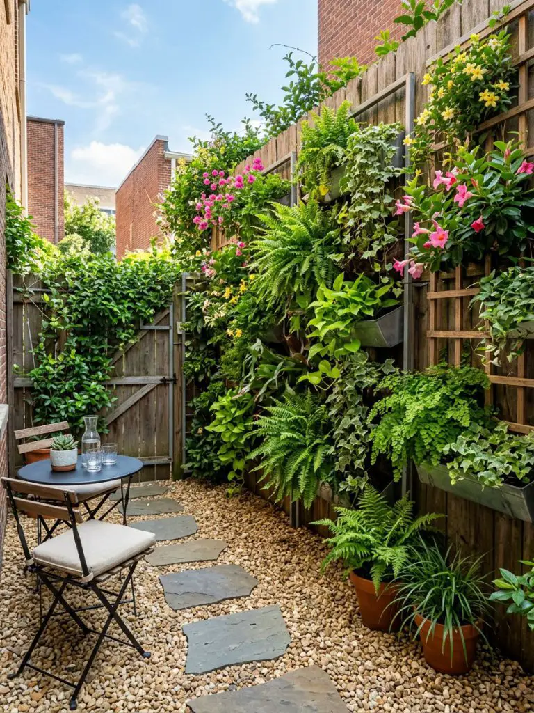 A compact backyard featuring a vertical living wall along a wooden fence, filled with lush green plants and flowering vines.