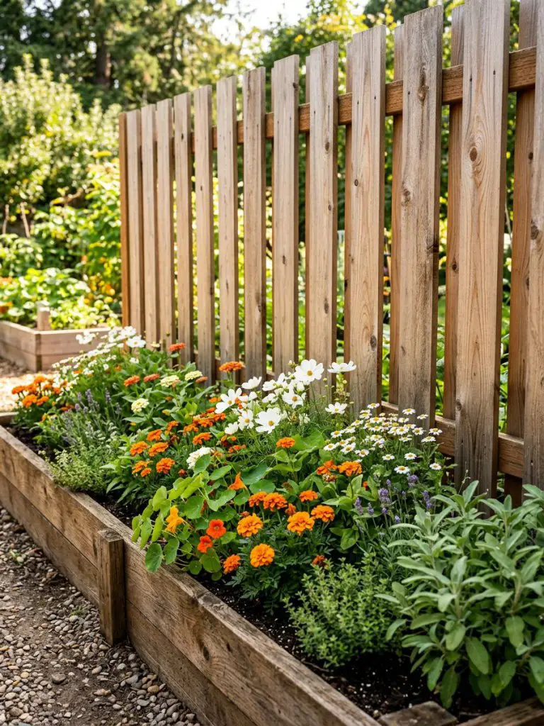 A vertical slat wooden fence paired with raised planter boxes filled with colorful flowers, designed in a warm rustic garden style.