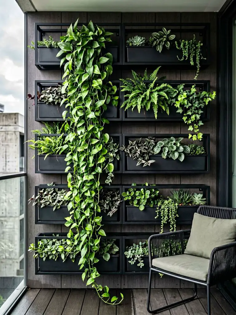 A vertical wall mini garden designed for small balconies using modular planters in a modern minimalist style.