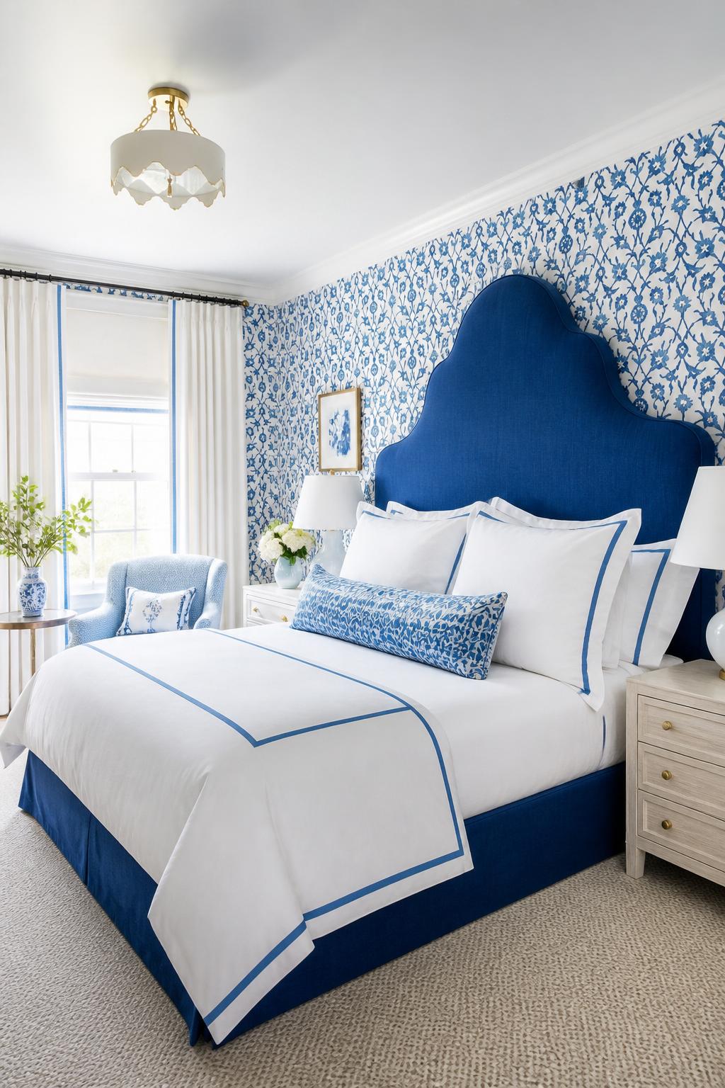 A vibrant blue patterned wallpaper makes a bold statement in this chic white bedroom, with a dramatic blue upholstered headboard creating a.