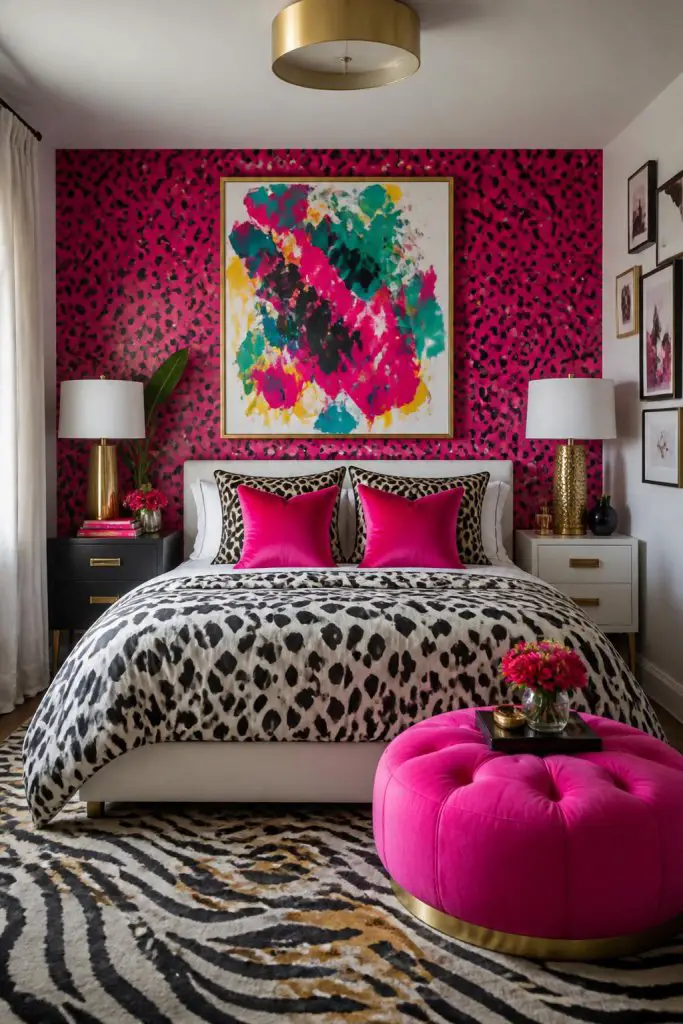 A striking, playful bedroom with a vibrant magenta cheetah print accent wall as the main feature behind the bed.