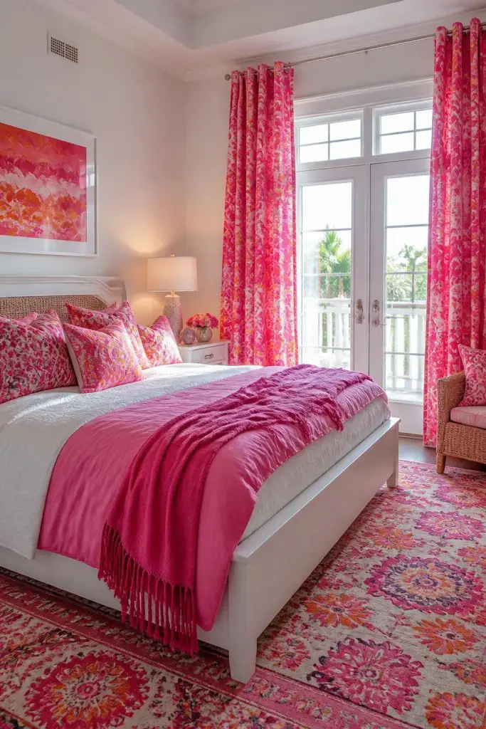 A vibrant and playful bedroom with bold fuchsia patterned curtains dramatically framing French doors to a bright terrace.
