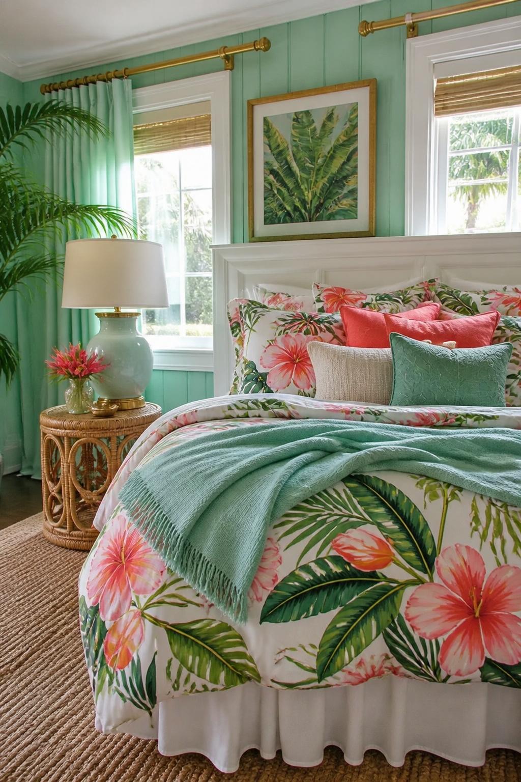 Create a bold, eclectic bedroom where tropical floral bedding in pinks and corals pops against soft turquoise paneled walls.