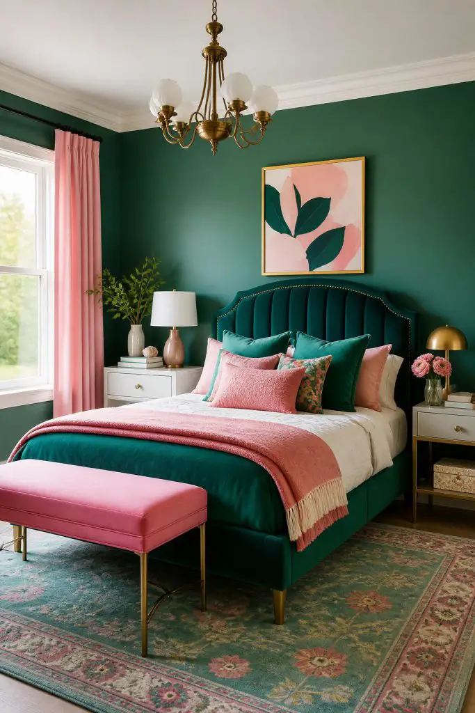 A vibrant, upscale bedroom with saturated teal walls and a bold teal velvet bed with gold trim.