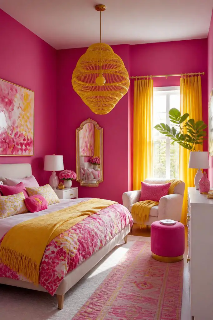 A maximalist dream in hot pink, this vibrant bedroom features saturated magenta walls paired with sunny yellow curtains for striking visual.