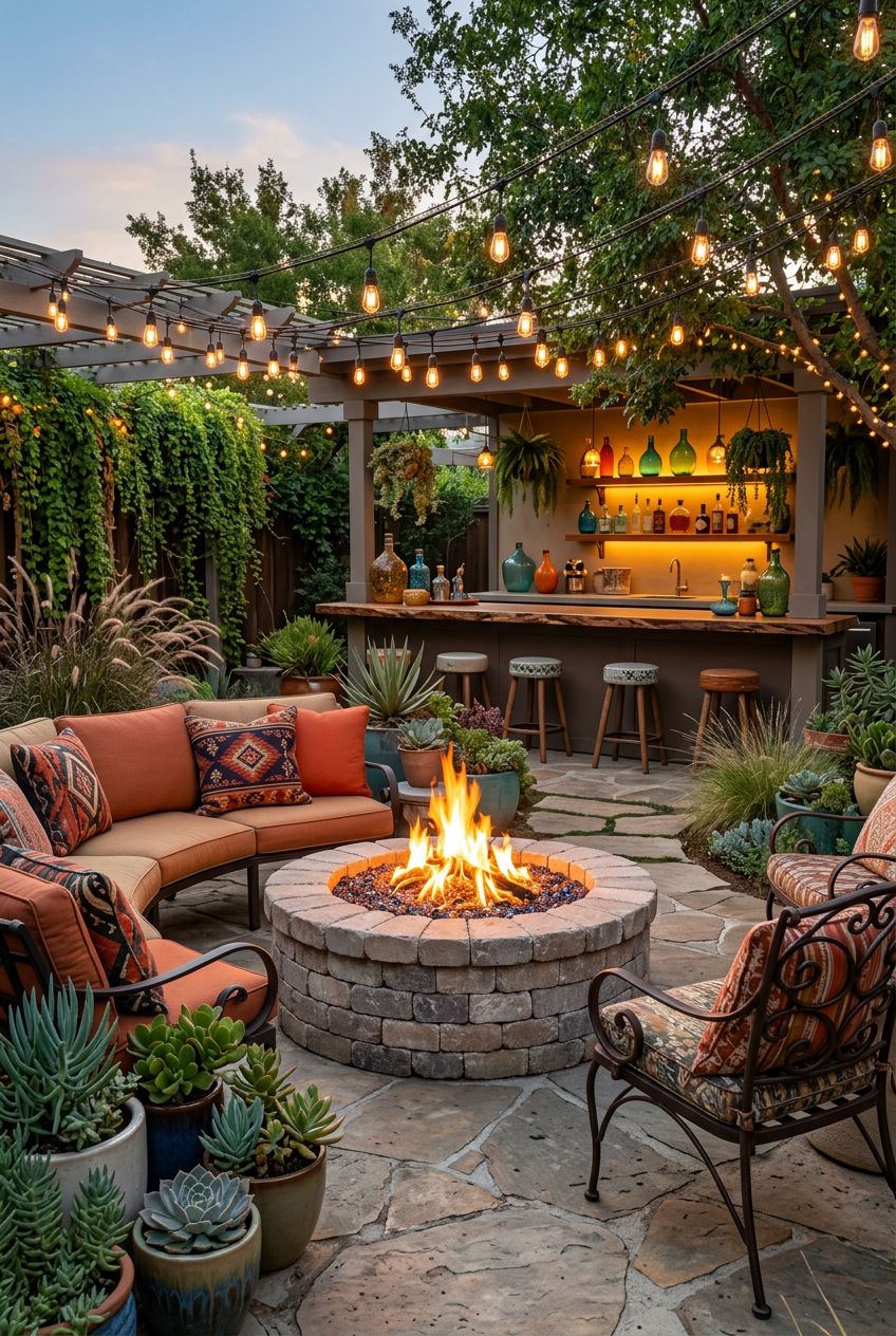 A vibrant and eclectic social patio featuring a classic round brick fire pit as the lively centerpiece, surrounded by vintage-inspired wroug.