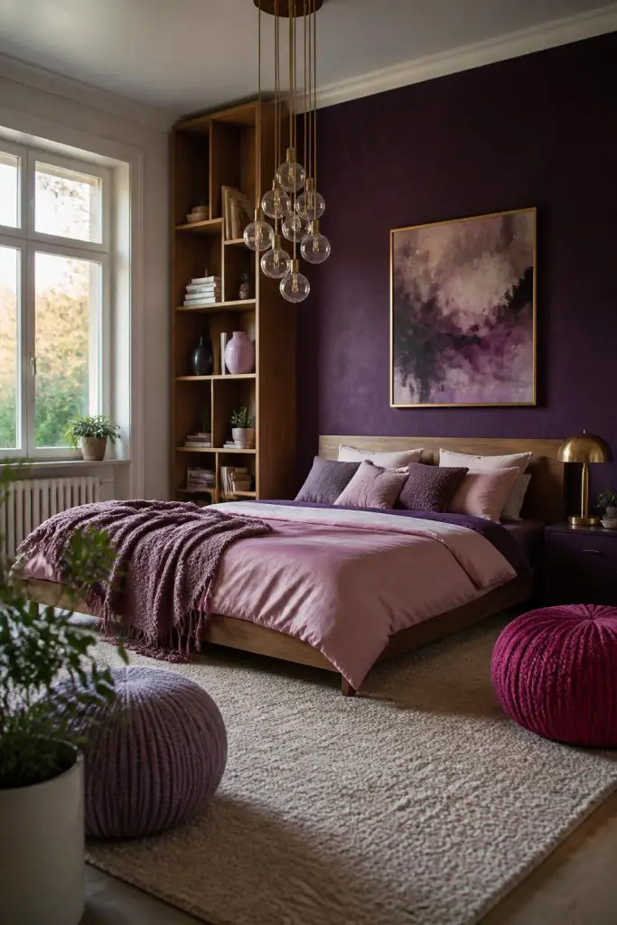 Utilizing strong violet tones, this bedroom uses a contemporary style with a feature wall in rich purple behind a low-profile bed with both.