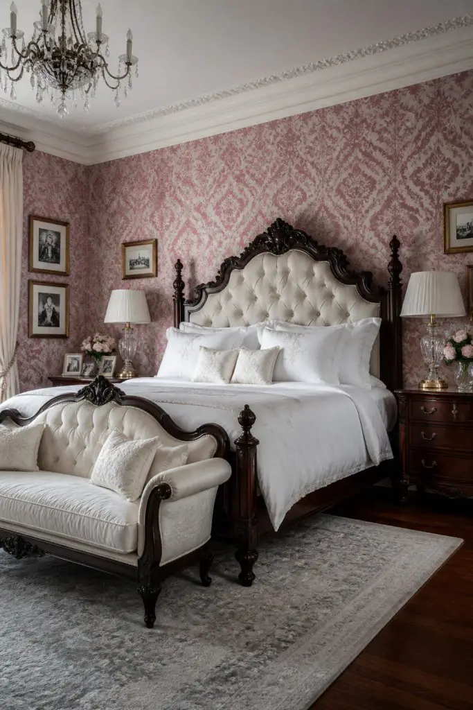 Style a grand bedroom with true Victorian inspiration, highlighted by ornate pink damask wallpaper wrapping the space.