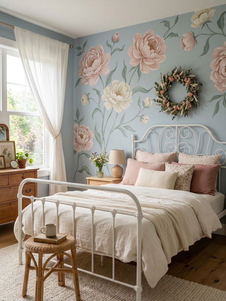 A vintage-inspired floral girls bedroom featuring oversized blush peony wallpaper on a muted powder blue background in a romantic cottagecor.