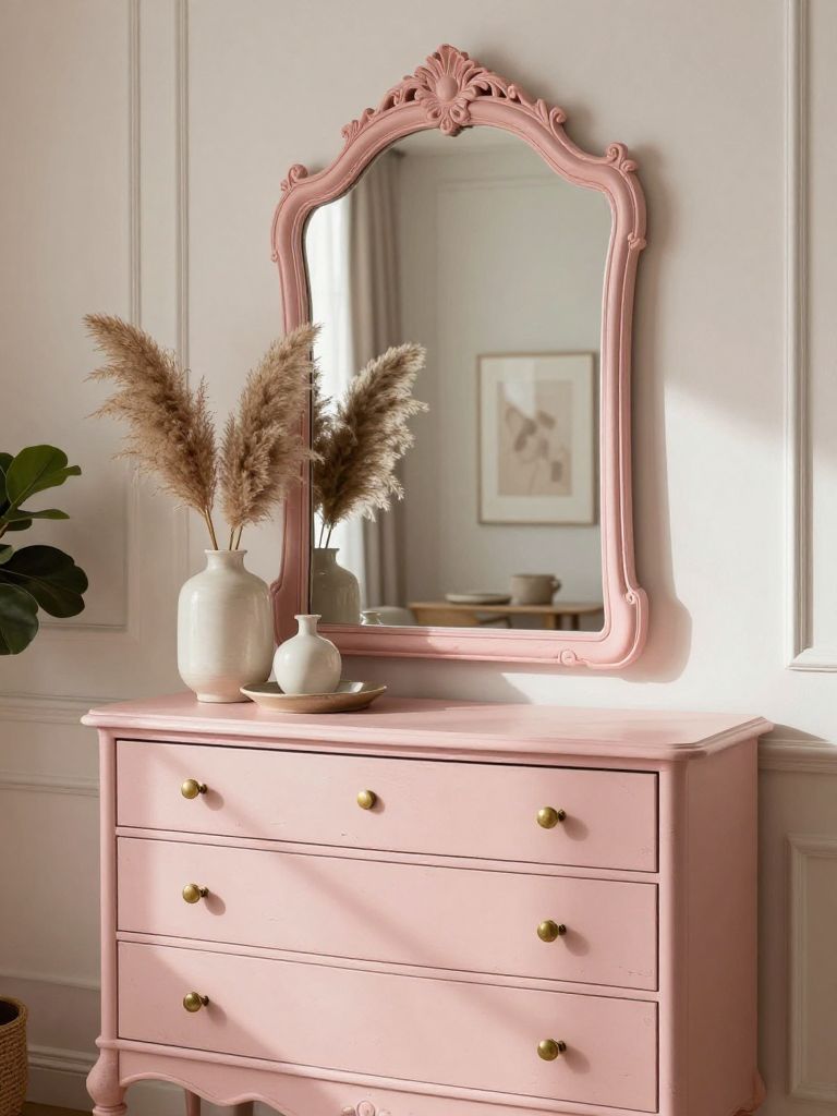 A chic vintage blush pink dresser vignette styled in a Warm Minimalist and French-inspired bedroom aesthetic with soft romantic decor and el.
