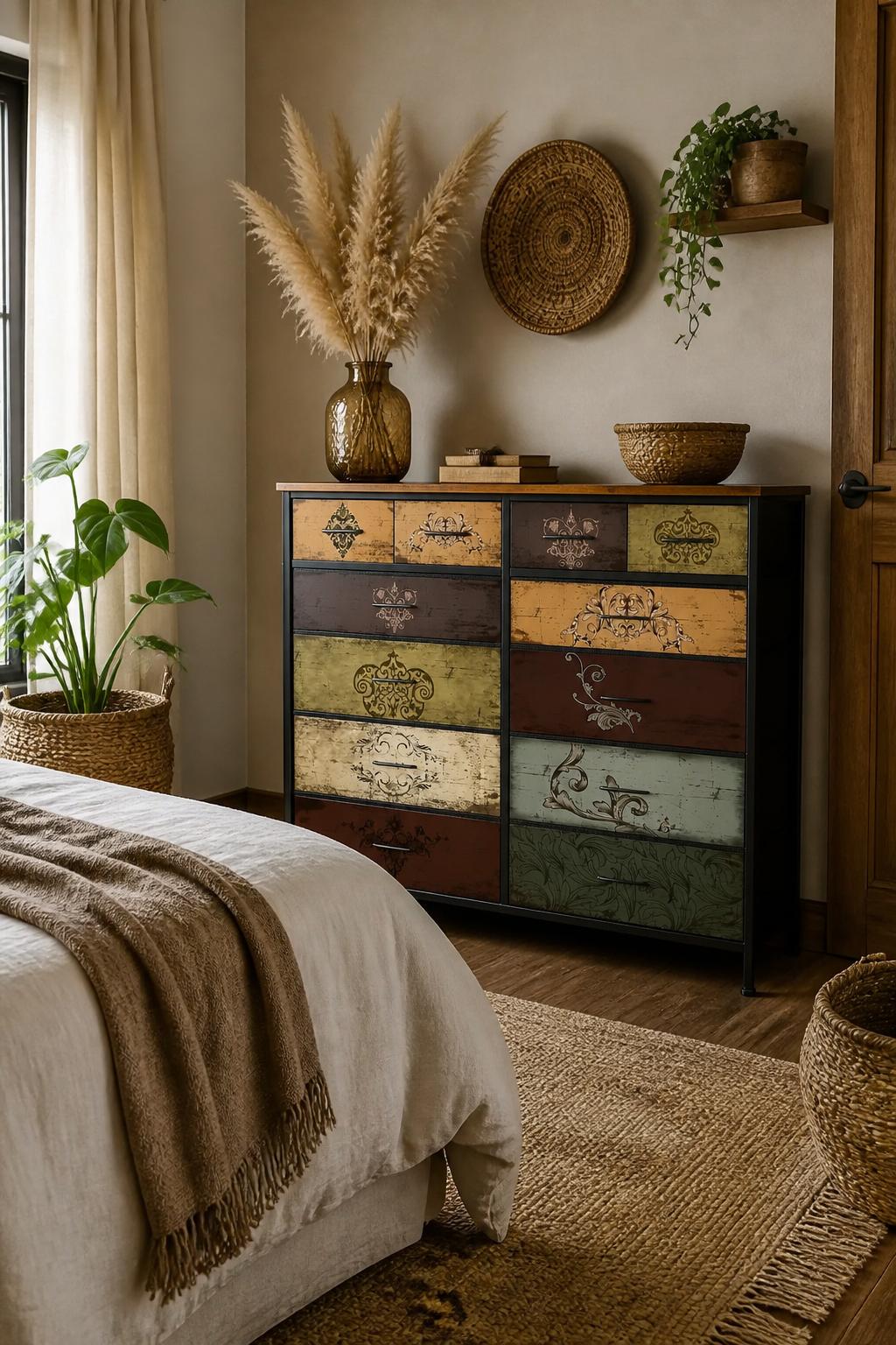 interior photo of a serene bedroom with a vintage carved wood dresser in light oak, artistic drawer fronts, a large textured ceramic lamp, d.