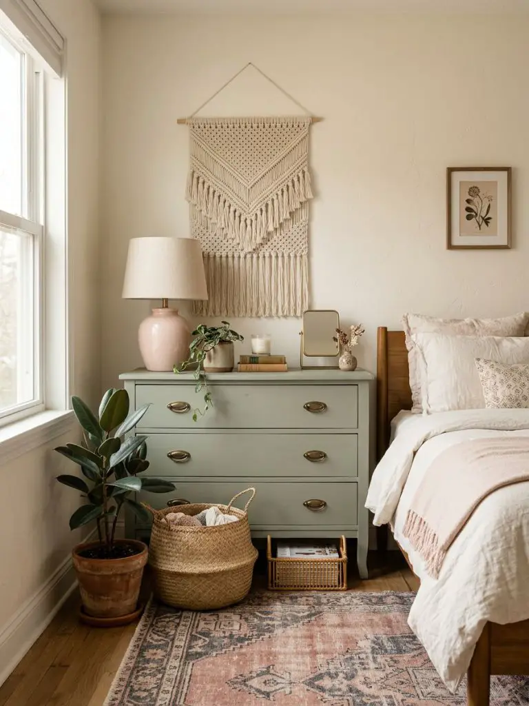 A vintage-inspired pink and green boho bedroom corner with warm minimalist styling and soft feminine textures.