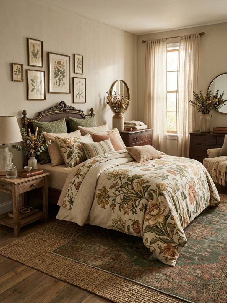 A cozy vintage botanical bedroom designed with richly detailed floral bedding in earthy green, faded gold, warm cream, and muted terracotta.