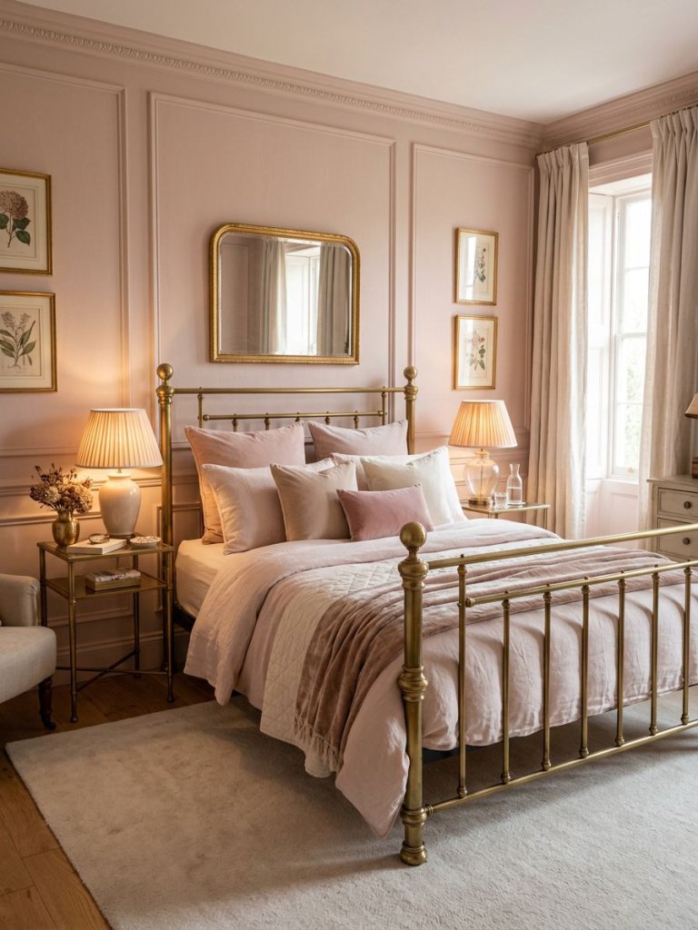 A vintage-inspired pink and gold bedroom featuring a classic brass bed frame paired with blush paneled walls and soft feminine textiles.