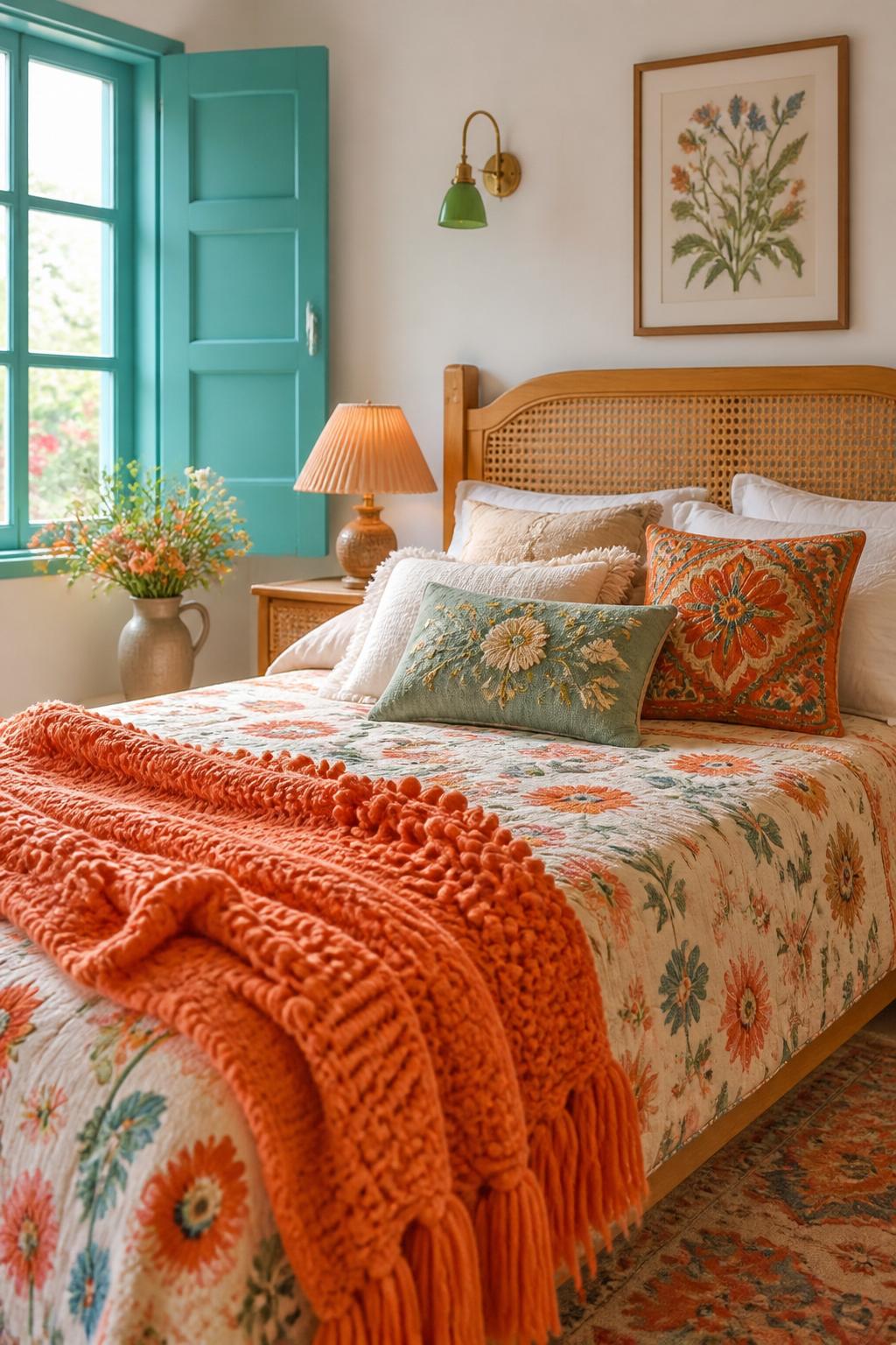 A cozy bedroom features a vintage-inspired cane headboard and a wooden bed frame, paired with an energetic display of embroidered and printe.