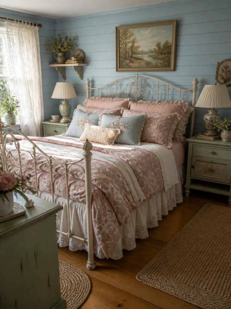 A romantic vintage cottage bedroom featuring powder blue shiplap walls, dusty rose bedding, and soft eucalyptus green furniture in a charmin.