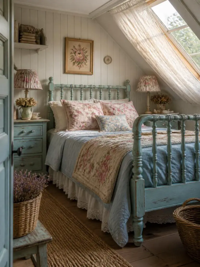 A charming vintage cottage bedroom featuring robin’s egg blue painted furniture paired with delicate rose pink decor accents and layered flo.