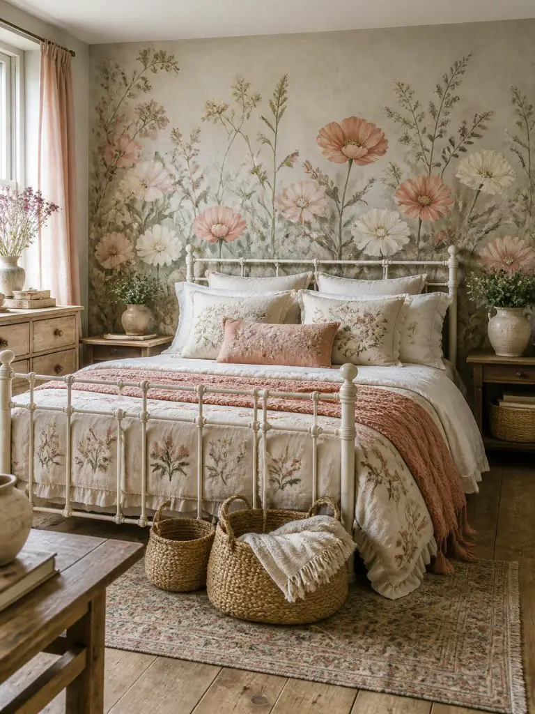 A romantic cottage-inspired floral bedroom with an oversized hand-painted botanical mural spanning the wall behind a vintage white iron bed.