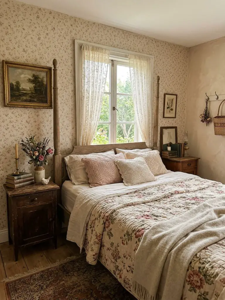 A vintage cottagecore floral bedroom designed with nostalgic warmth and collected antique charm.