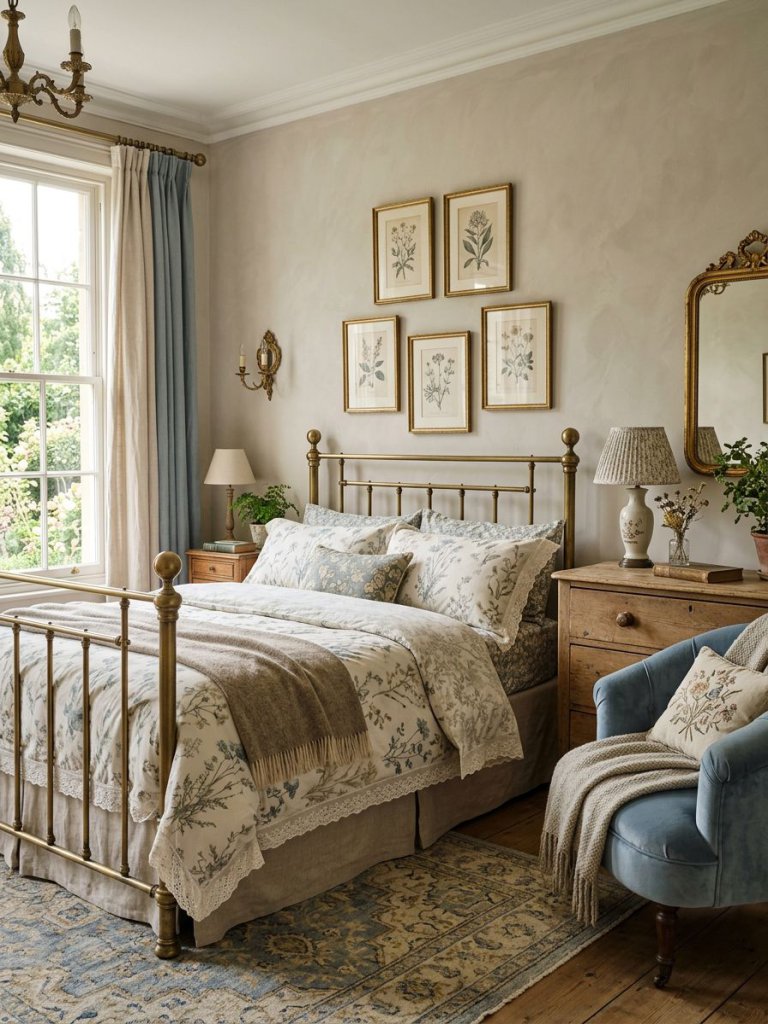 A romantic vintage-inspired bedroom filled with dusty blue wildflower prints and soft Bridgerton-style elegance.