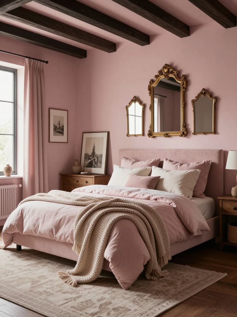 A vintage-inspired earthy pink bedroom designed with Modern Rustic and Parisian cottage influences featuring blush pink walls, dark exposed.