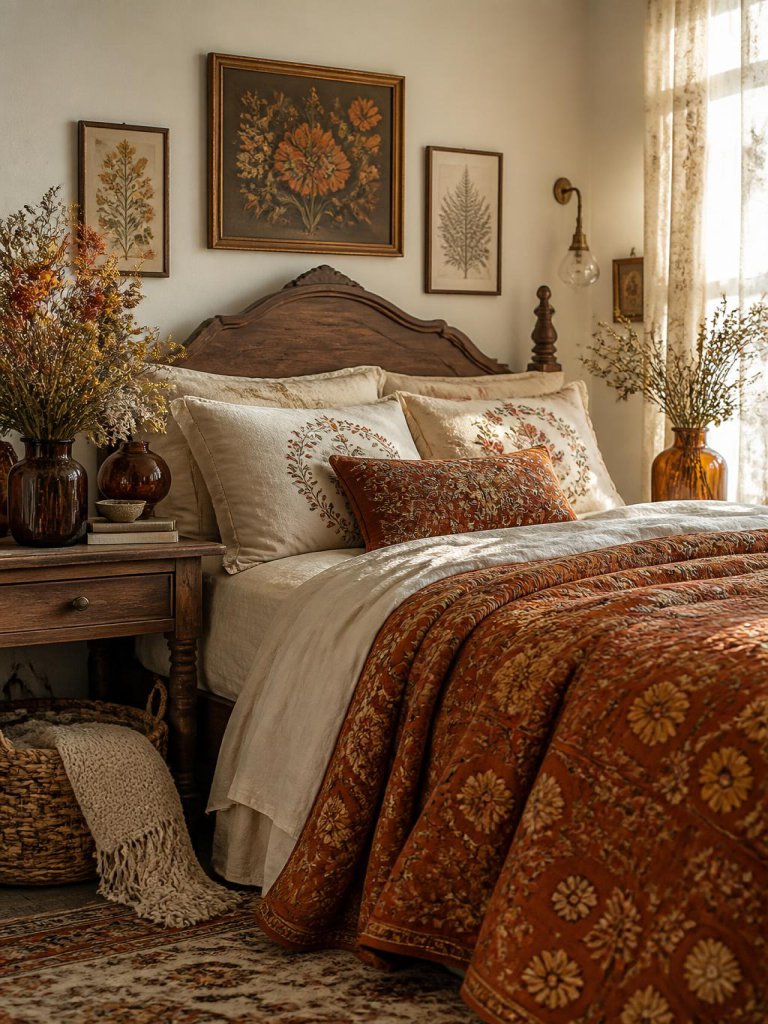 A vintage-inspired boho floral bedroom featuring warm autumn tones, antique wood furniture, and layered botanical textiles styled in a cozy.