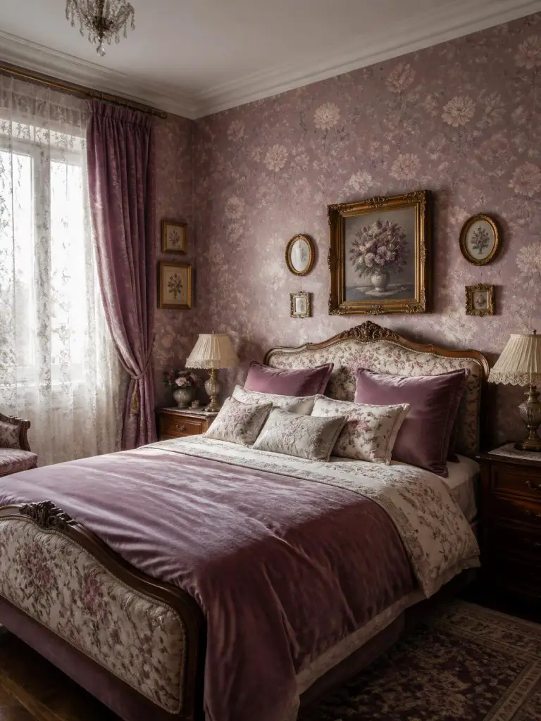 A vintage-inspired floral purple bedroom blending traditional European decor with soft romantic color palettes and layered antique textures.