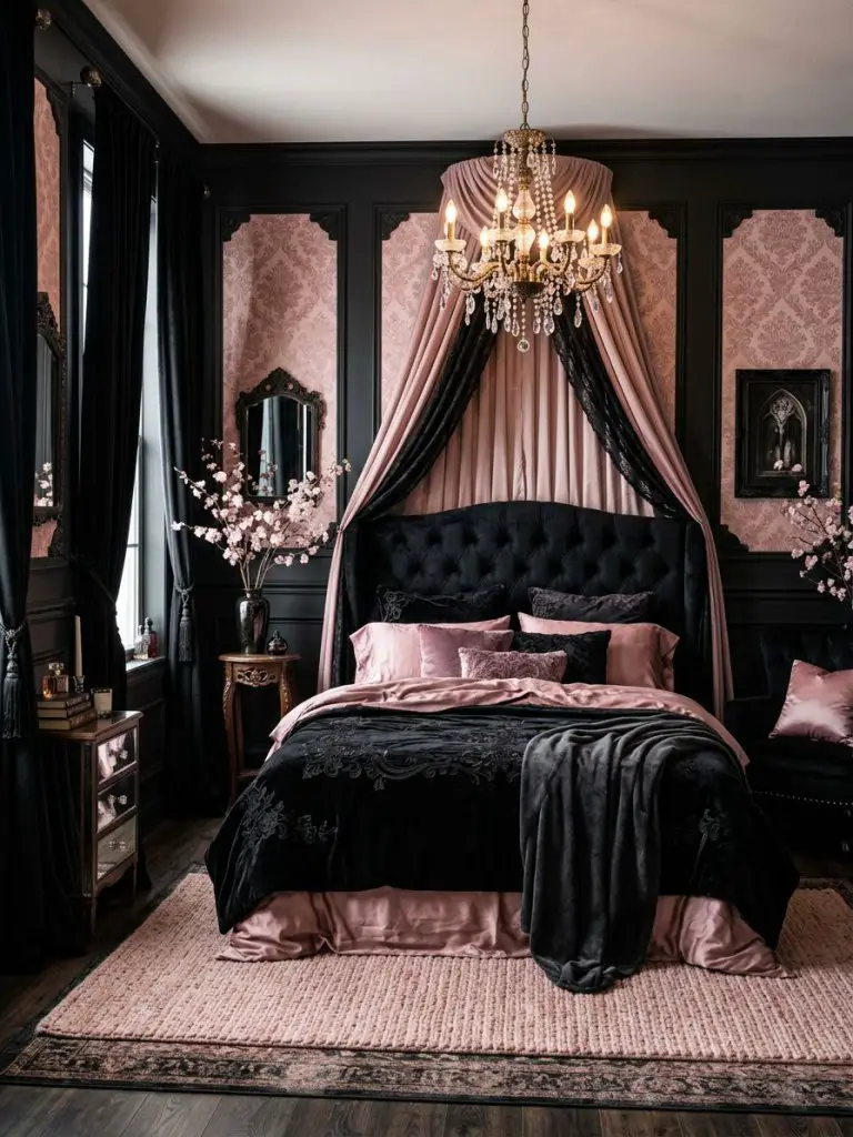 A vintage-inspired gothic glam bedroom featuring black tufted furniture, romantic pink textiles, and dramatic chandelier lighting captured i.