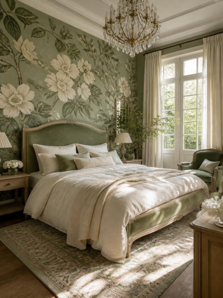 A vintage-inspired green floral bedroom featuring large-scale botanical wallpaper, classic upholstered furniture, soft ivory bedding, and el.